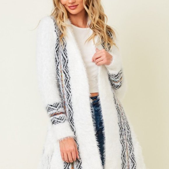 NEW ON BLUE AZTEC SOUTHWESTERN sweater drape cardigan fringe white soft Sm-3XL - Picture 3 of 9